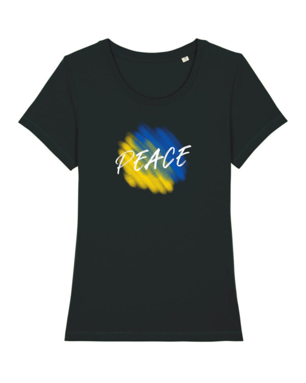 Peace Ukraine ist ein schwarzes Damen T-Shirt mit Aufdruck. Der Gewinn wird zu 100% gespendet.