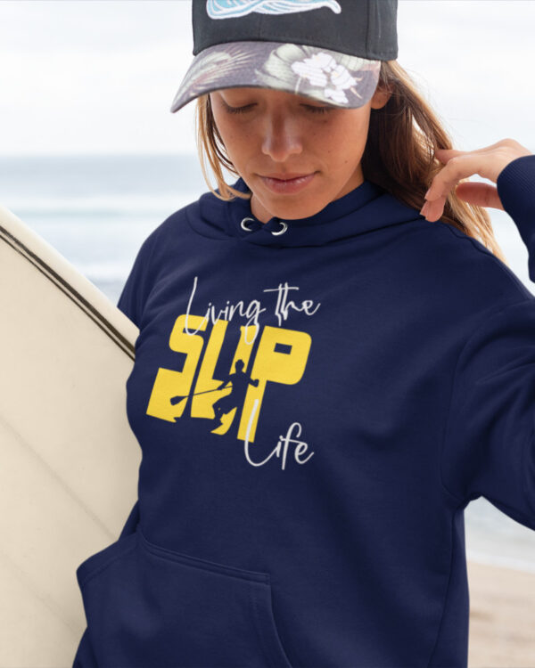 Der SUP Life Hoodie zeigt deine Liebe zum Stand-Up-Paddling. Ein toller Bio-Hoodie in navyblau für Damen..