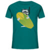 Bedrucktes Bio Surfer Kinder T-Shirt: das ozeanblaue Surfender Seehund Kinder T-Shirt wird nachhaltig bedruckt. Ein tolles T-Shirt für Kinder.