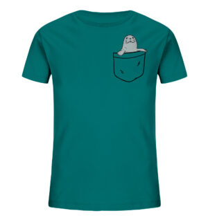 Bedrucktes Bio Kinder T-Shirt mit Seehund Motiv: das ozeanblaue Seehund in Tasche Kinder T-Shirt wird nachhaltig bedruckt. Ein tolles T-Shirt - ideal als Geschenk für Kinder.
