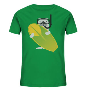 Bedrucktes Bio Surfer Kinder T-Shirt: das grüne Surfender Seehund Kinder T-Shirt wird nachhaltig bedruckt. Ein tolles T-Shirt für Kinder.