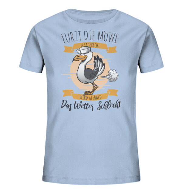 Lustiges Möwen T-Shirt für Kinder aus Bio-Baumwolle: das hellblaue Möwenfurz Kinder T-Shirt wird nachhaltig bedruckt. Ein lustiges T-Shirt für Kinder mit Aufdruck.