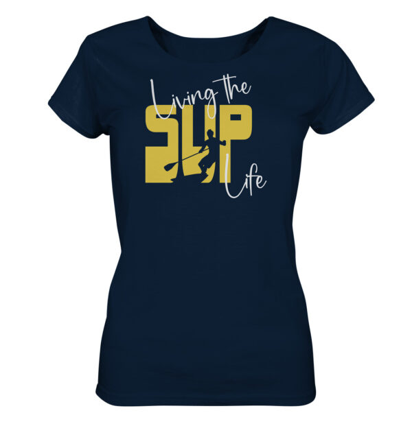 Stand-Up-Paddling Damen T-Shirt für SUP Fans. Das bedruckte Stand-Up-Paddling T-Shirt in navyblau als Geschenk für alle SUP Freunde.
