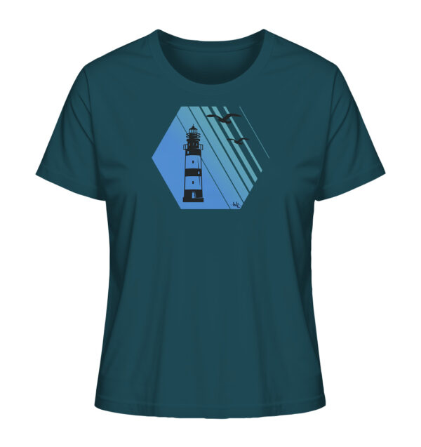 Damen Leuchtturm T-Shirt mit tollem Leuchtturm Motiv. Das Bio Damen T-Shirt in blau ist ein nachhaltiges Geschenk für Naturliebhaber und Freunde des Meeres und der Küste.