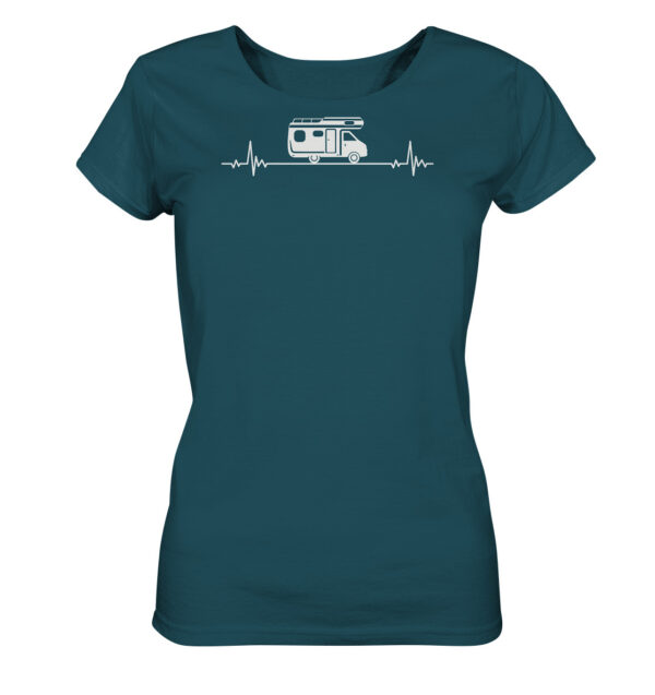 Camping Damen T-Shirt aus Bio-Baumwolle bedruckt mit Herzschlag Camper Motiv. Das bedruckte Camping Damen T-Shirt in blau ist ein tolles Geschenk für alle Campingfreunde.