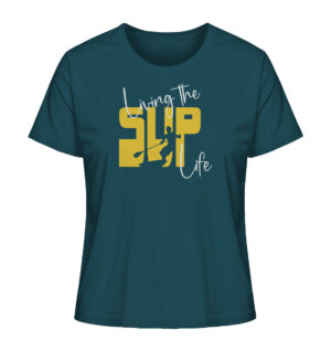 Stand-Up-Paddling Damen T-Shirt für SUP Fans. Das bedruckte Stand-Up-Paddling T-Shirt in blau als Geschenk für SUP Freunde.