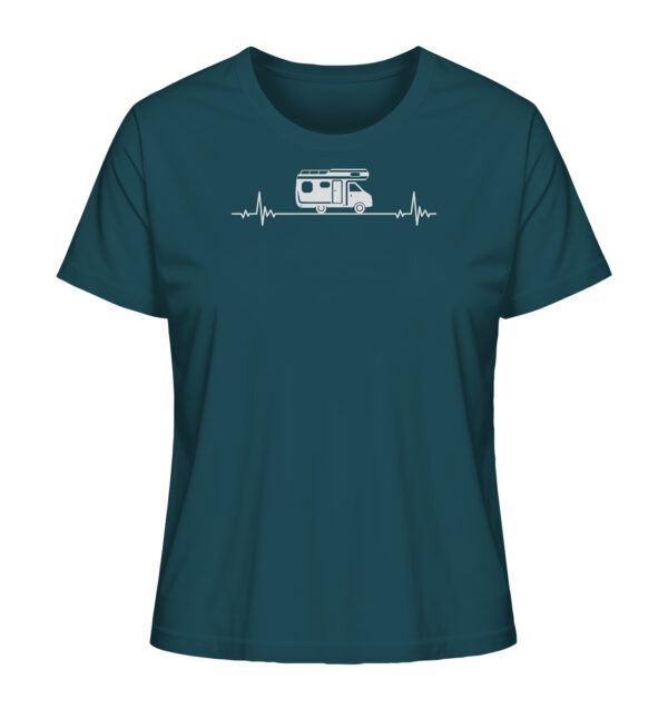 Camping Damen T-Shirt aus Bio-Baumwolle bedruckt mit Herzschlag Camper Motiv. Das bedruckte Camping Damen T-Shirt in Blau ist ein tolles Geschenk für alle Campingfreunde.