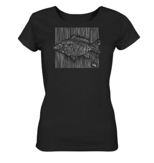 Schwarzes Carp Dimension T-Shirt für Anglerinnen aus bester Bio-Baumwolle nachhaltig bedruckt. Tolles Geschenk für Angler hier bestellen.