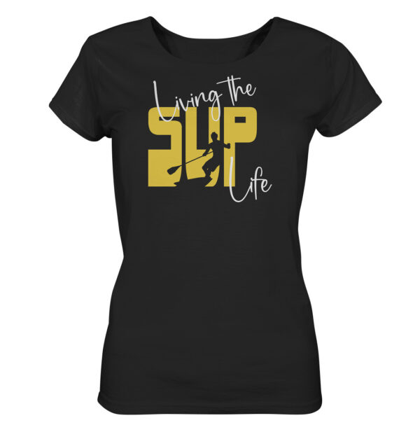 Stand-Up-Paddling Damen T-Shirt für SUP Fans. Das bedruckte Stand-Up-Paddling T-Shirt in schwarz als Geschenk für alle SUP Freunde.