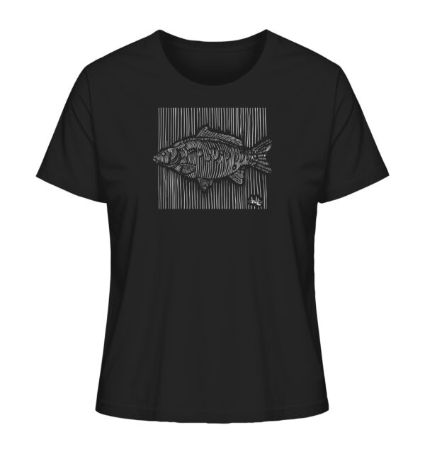 Schwarzes Carp Dimension T-Shirt für Anglerinnen aus bester Bio-Baumwolle nachhaltig bedruckt. Tolles Geschenk für Angler hier bestellen.