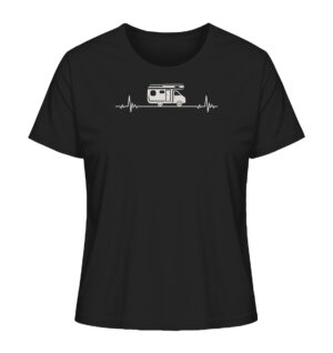 Camping Damen T-Shirt aus Bio-Baumwolle bedruckt mit Herzschlag Camper Motiv. Das bedruckte Camping Damen T-Shirt in Schwarz ist ein tolles Geschenk für alle Campingfreunde.