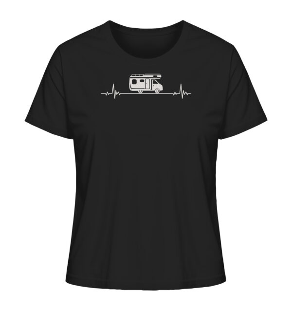 Camping Damen T-Shirt aus Bio-Baumwolle bedruckt mit Herzschlag Camper Motiv. Das bedruckte Camping Damen T-Shirt in Schwarz ist ein tolles Geschenk für alle Campingfreunde.