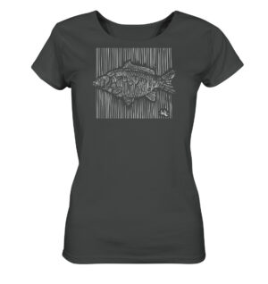 Anthrazitfarbenes Carp Dimension T-Shirt für Anglerinnen aus bester Bio-Baumwolle nachhaltig bedruckt. Tolles Geschenk für Angler hier bestellen.