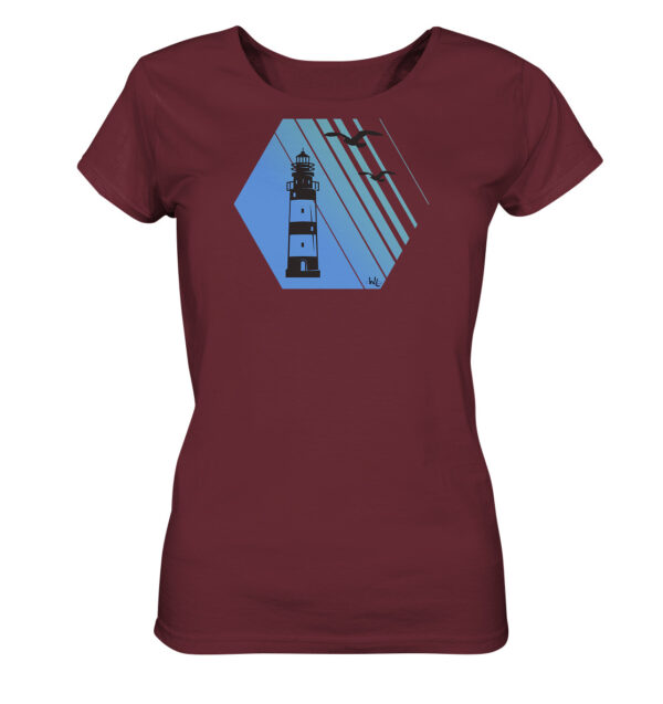 Damen Leuchtturm T-Shirt mit tollem Leuchtturm Motiv. Das Bio Damen T-Shirt in burgundy ist ein nachhaltiges Geschenk für Naturliebhaber und Freunde des Meeres und der Küste.