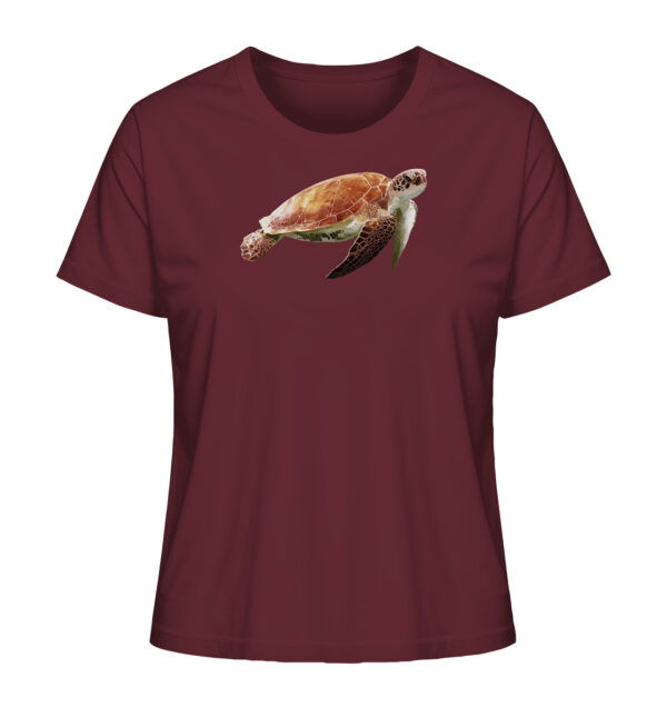 Besonderes burgundrotes Damen Schildkröten T-Shirt für Naturmenschen mit sea turtle Aufdruck. Ein tolles Geschenk für Meeresliebhaber!