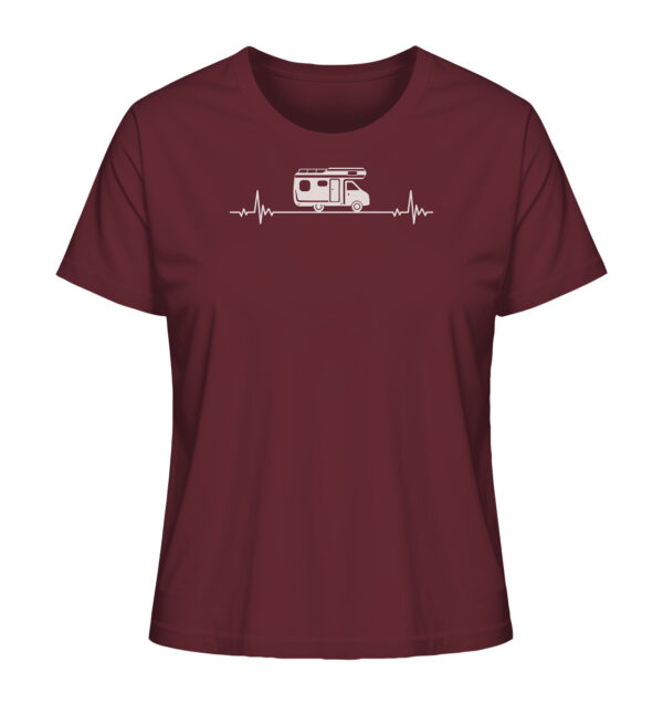 Camping Damen T-Shirt aus Bio-Baumwolle bedruckt mit Herzschlag Camper Motiv. Das bedruckte Camping Damen T-Shirt in Burgundrot ist ein tolles Geschenk für alle Campingfreunde.