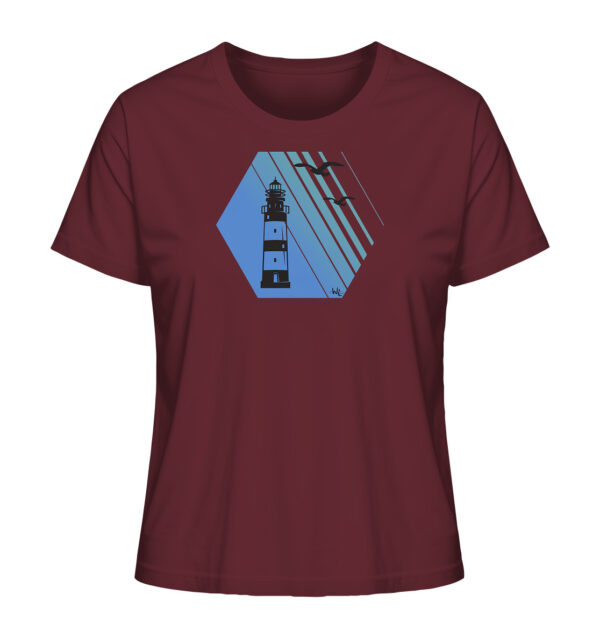 Damen Leuchtturm T-Shirt mit tollem Leuchtturm Motiv. Das Bio Damen T-Shirt in burgundy ist ein nachhaltiges Geschenk für Naturliebhaber und Freunde des Meeres und der Küste.