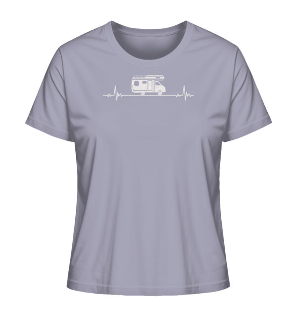 Camping Damen T-Shirt aus Bio-Baumwolle bedruckt mit Herzschlag Camper Motiv. Das bedruckte Camping Damen T-Shirt in Lavendelfarben ist ein tolles Geschenk für alle Campingfreunde.