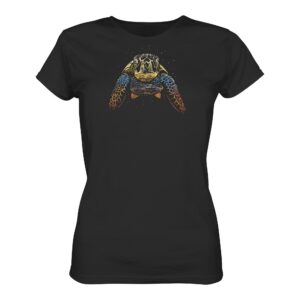 Ein tolles Geschenk für alle die das Meer und die Natur lieben: sea turtle coloured Meeresschildkröte Damen T-Shirt für Meeresfreunde aus Bio-Baumwolle in schwarz. Ein Meeresschutz T-Shirt für Meeresschildkröten Freunde.
