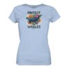 Walschutz Damen T-Shirt: Protect the whales T-Shirt hellblau aus bester Bio Baumwolle. Jedes verkaufte Wal T-Shirt unterstützt Naturschutzprojekte. Besondere Wal Shirts für Walfreunde und für Walschützer.