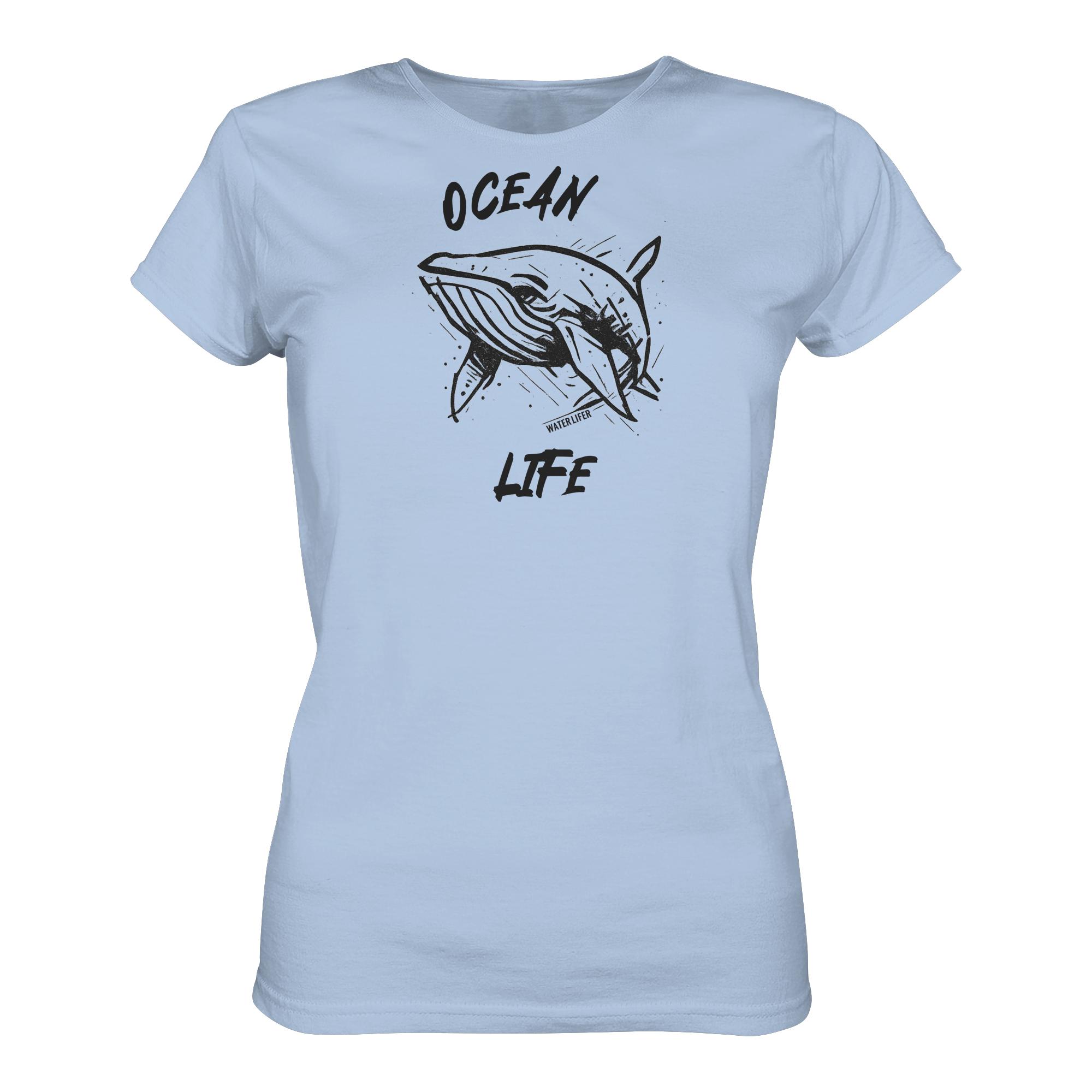 Ocean life Wal Timmy T-Shirt für Damen in hellblau aus bester Bio Baumwolle. Jedes verkaufte Wal T-Shirt unterstützt Naturschutzprojekte. Besondere Wal Shirts für Walfreunde und für Walschützer.