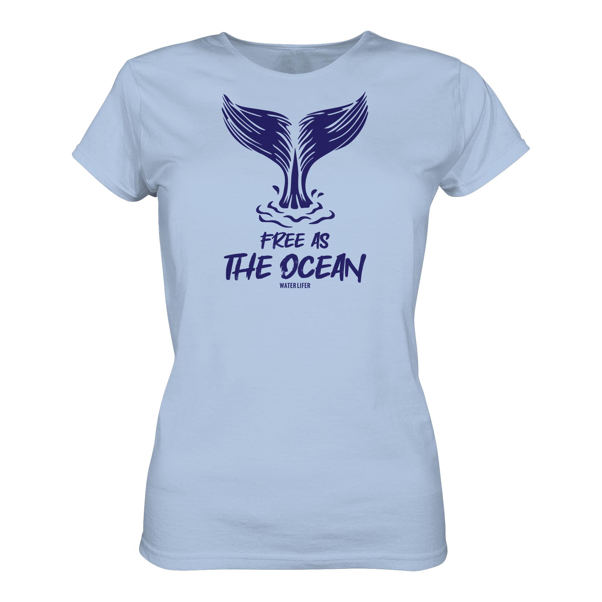 Free as the ocean Wal T-Shirt in hellblau aus bester Bio Baumwolle. Jedes verkaufte Damen Wal T-Shirt unterstützt Naturschutzprojekte. Besondere Wal Shirts für Walfreunde und für Walschützerinnen.