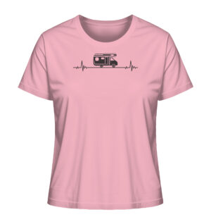 Camping Damen T-Shirt aus Bio-Baumwolle bedruckt mit Herzschlag Camper Motiv. Das bedruckte Camping Damen T-Shirt in Rosa ist ein tolles Geschenk für alle Campingfreunde.