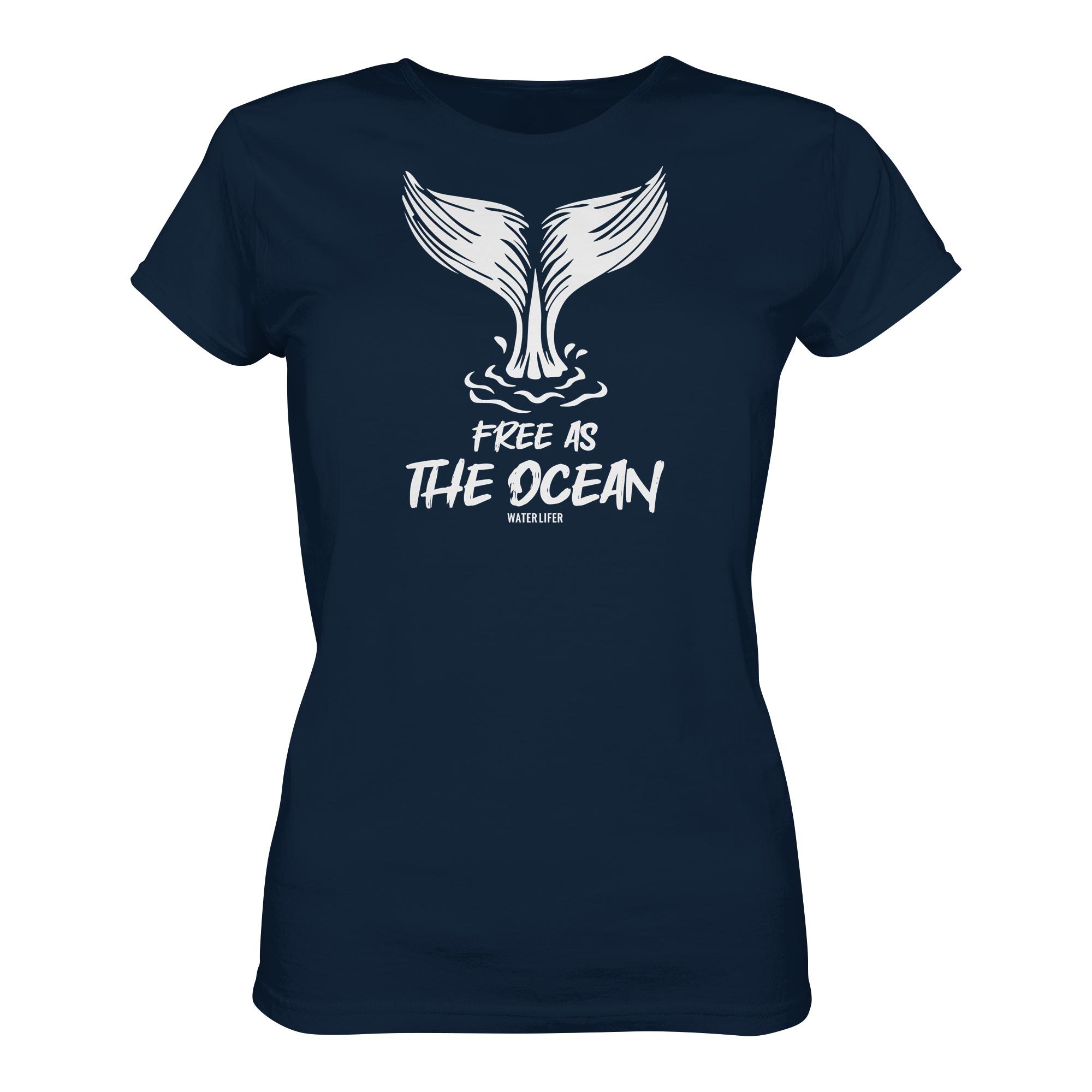 Free as the ocean Wal T-Shirt in navyblau aus bester Bio Baumwolle. Jedes verkaufte Damen Wal T-Shirt unterstützt Naturschutzprojekte. Besondere Wal Shirts für Walfreunde und für Walschützerinnen.