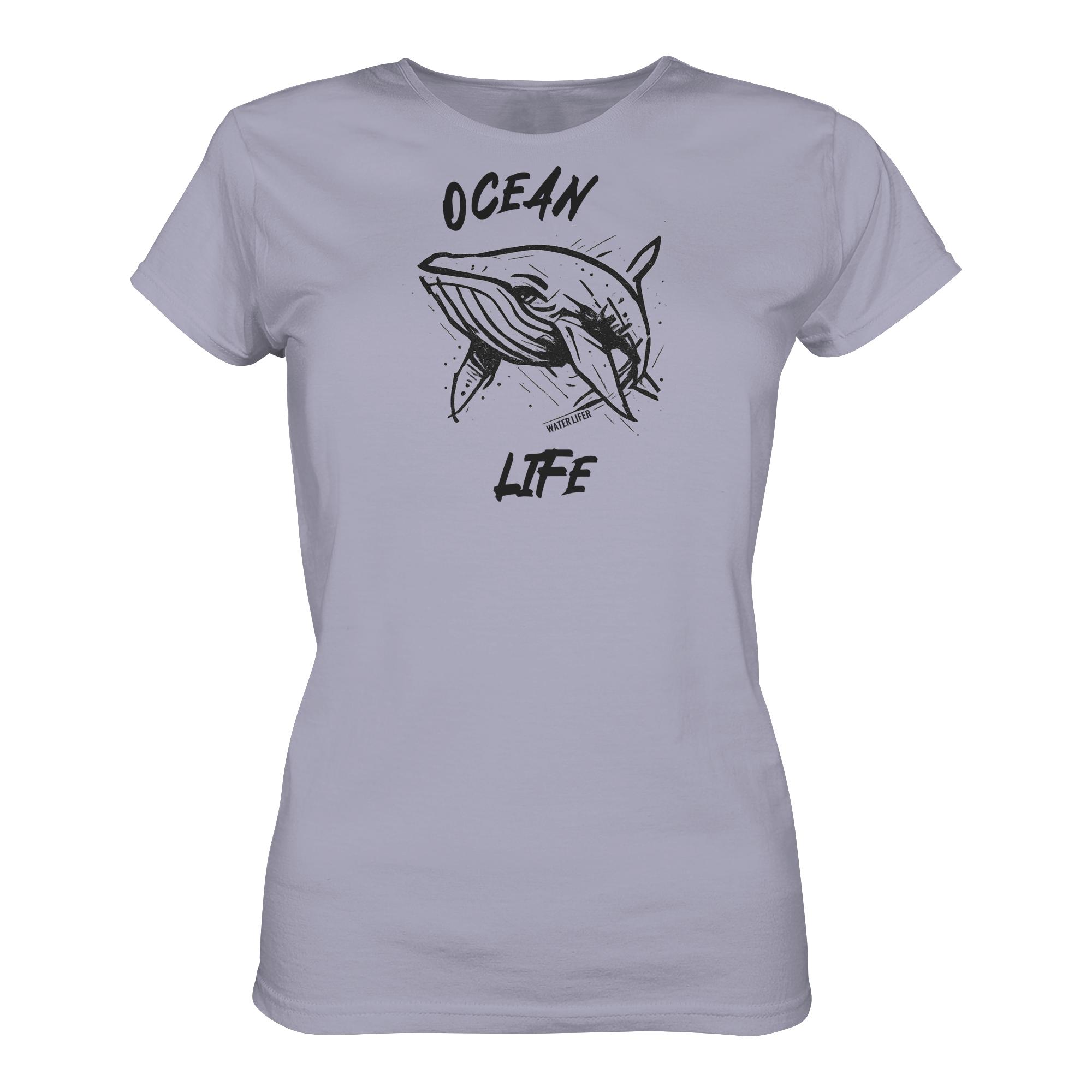 Ocean life Wal Timmy T-Shirt für Damen in lavendelfarben aus bester Bio Baumwolle. Jedes verkaufte Wal T-Shirt unterstützt Naturschutzprojekte. Besondere Wal Shirts für Walfreunde und für Walschützer.