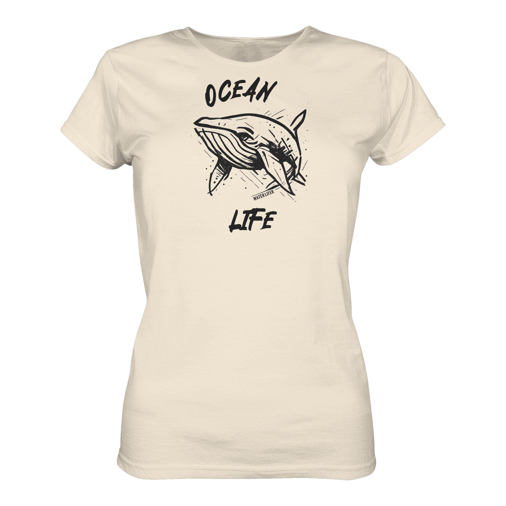 Ocean life Wal Timmy T-Shirt für Damen in naturweiß aus bester Bio Baumwolle. Jedes verkaufte Wal T-Shirt unterstützt Naturschutzprojekte. Besondere Wal Shirts für Walfreunde und für Walschützer.
