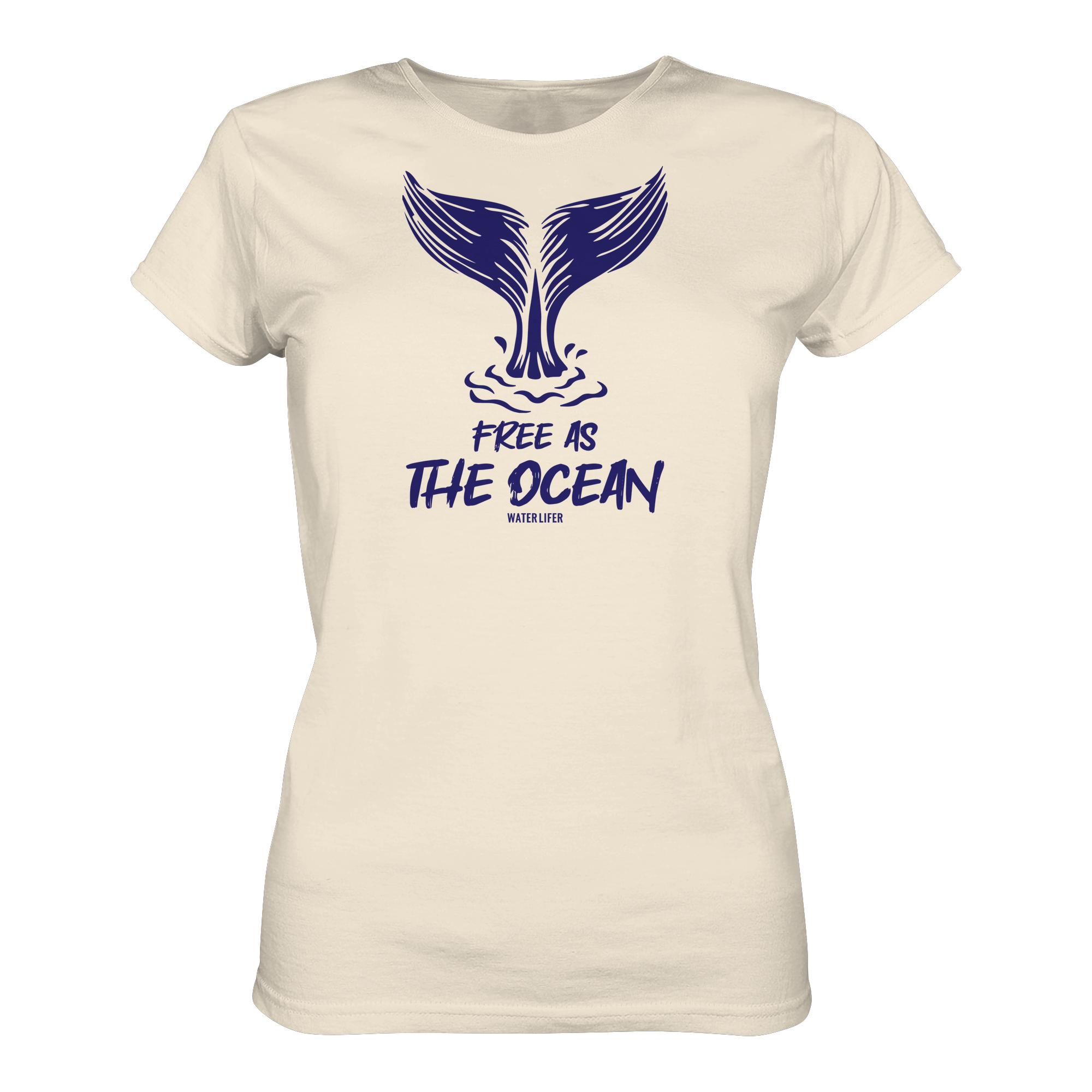 Free as the ocean Wal T-Shirt in naturweiß aus bester Bio Baumwolle. Jedes verkaufte Damen Wal T-Shirt unterstützt Naturschutzprojekte. Besondere Wal Shirts für Walfreunde und für Walschützerinnen.
