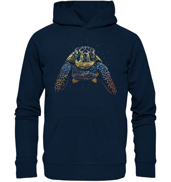 Besonderer navyblauer Bio Premium Hoodie für Meeresfreunde mit einer farbenfrohen Wasserschildkröte. Ein tolles Geschenk für Meeresliebhaber!