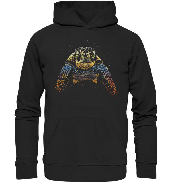 Besonderer schwarzer Bio Premium Hoodie für Meeresfreunde mit einer farbenfrohen Wasserschildkröte. Ein tolles Geschenk für Meeresliebhaber!