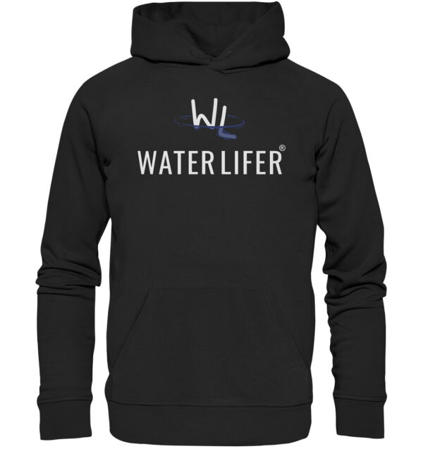 Schwarzer Waterlifer Bio Hoodie aus bester Bio-Baumwolle nachhaltig bedruckt. Tolles Geschenk für Wasser- und Naturfreunde hier bestellen.