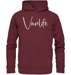 Vanlife Hoodie in burgundy mit edlem Vanlife Schriftzug. Tolles Geschenk für Camper, Campingfreunde und Wohnmobilbesitzer.