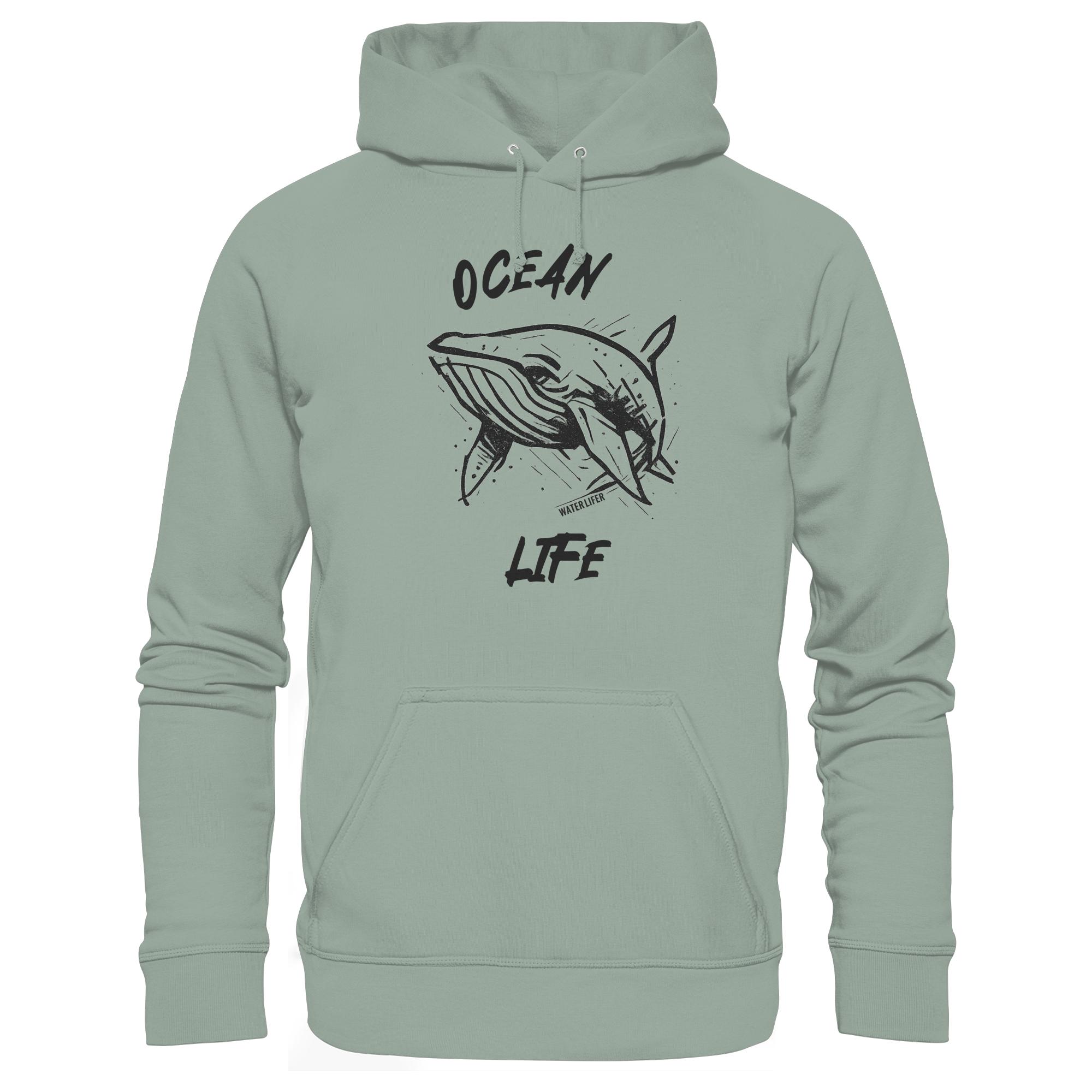 Ocean life Wal Timmy Hoodie aloe aus bester Bio Baumwolle. Jeder verkaufte Wal Hoodie unterstützt Naturschutzprojekte. Besondere Wal Hoodies für Walfreunde und für Walschützer.