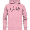 Vanlife Hoodie in cotton pink mit edlem Vanlife Schriftzug. Tolles Geschenk für Camper, Campingfreunde und Wohnmobilbesitzer.