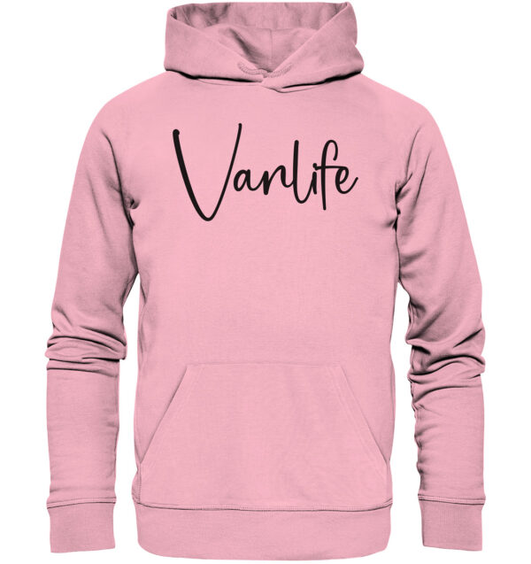 Vanlife Hoodie in cotton pink mit edlem Vanlife Schriftzug. Tolles Geschenk für Camper, Campingfreunde und Wohnmobilbesitzer.