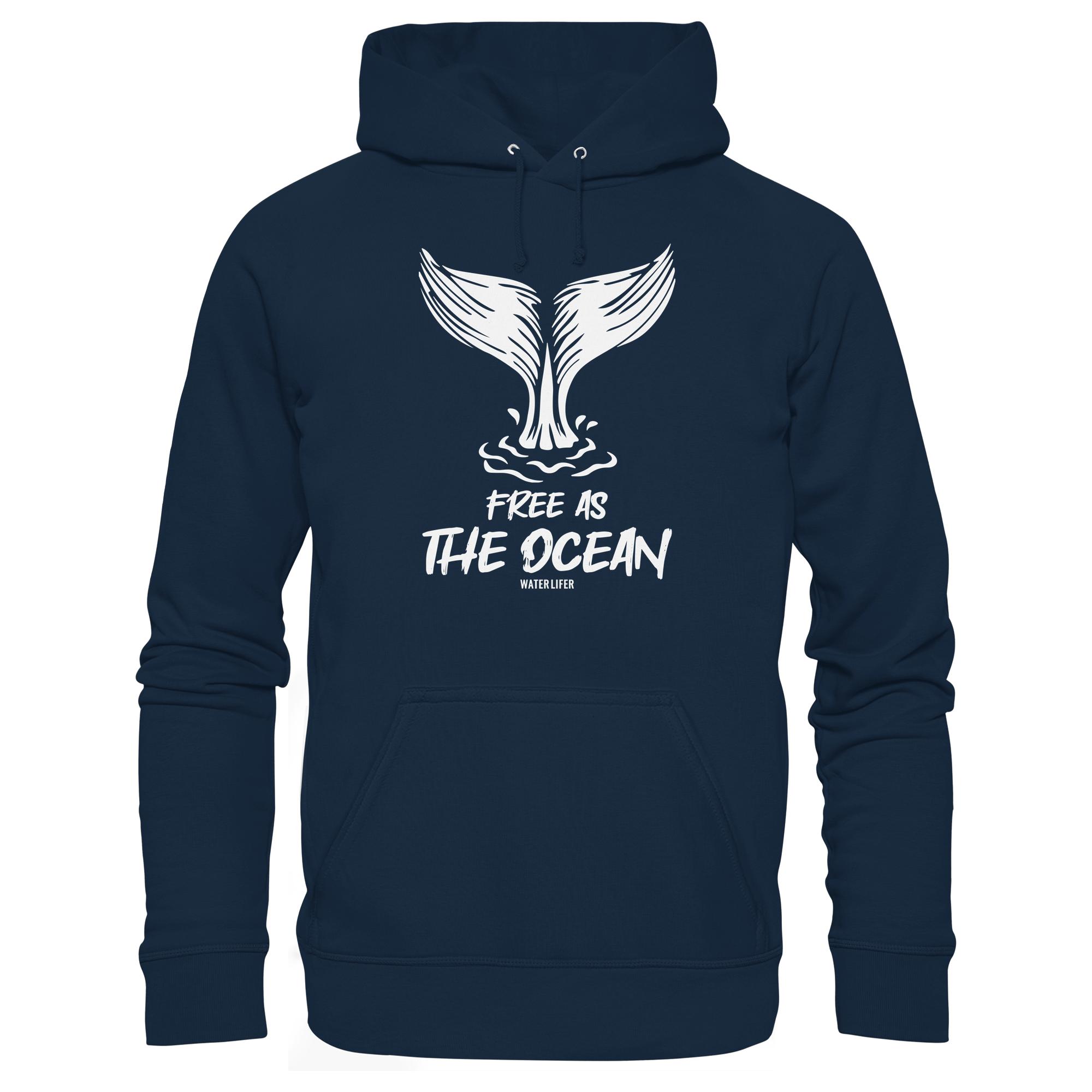 Free as the ocean Hoodie in navyblau aus bester Bio Baumwolle. Jeder verkaufte Wal Hoodie unterstützt Naturschutzprojekte. Besondere Wal Hoodies für Walfreunde und für Walschützer.