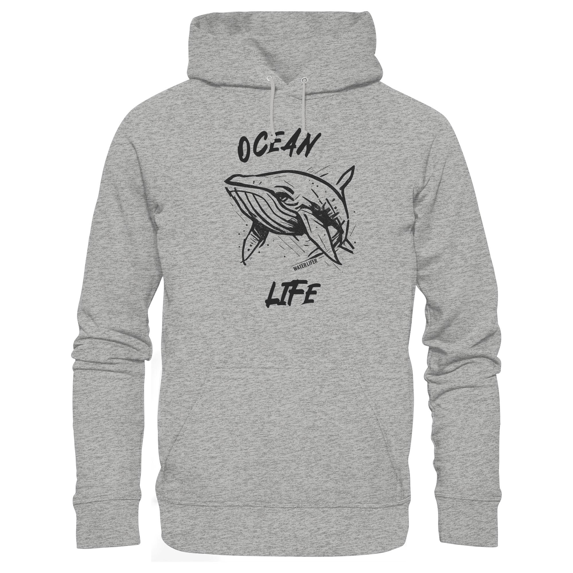 Ocean life Wal Timmy Hoodie graumeliert aus bester Bio Baumwolle. Jeder verkaufte Wal Hoodie unterstützt Naturschutzprojekte. Besondere Wal Hoodies für Walfreunde und für Walschützer.
