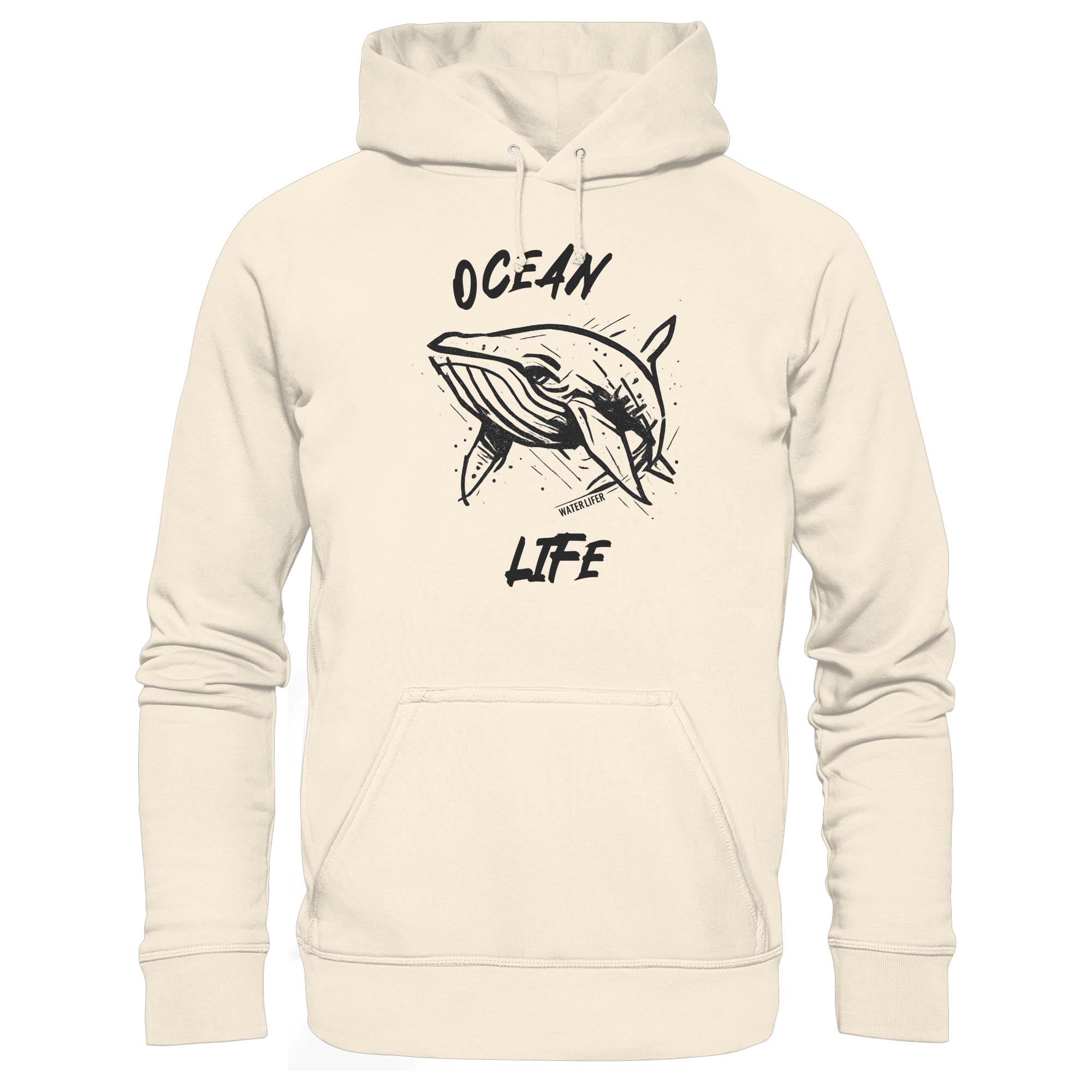 Ocean life Wal Timmy Hoodie naturweiß aus bester Bio Baumwolle. Jeder verkaufte Wal Hoodie unterstützt Naturschutzprojekte. Besondere Wal Hoodies für Walfreunde und für Walschützer.