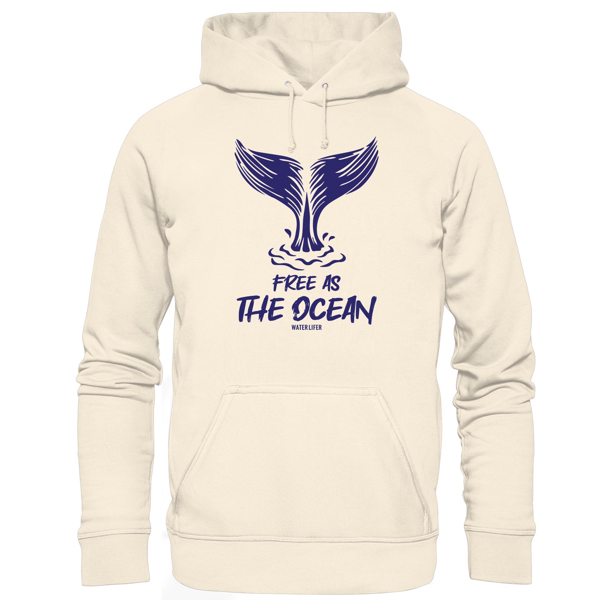 Free as the ocean Hoodie in naturweiß aus bester Bio Baumwolle. Jeder verkaufte Wal Hoodie unterstützt Naturschutzprojekte. Besondere Wal Hoodies für Walfreunde und für Walschützer.