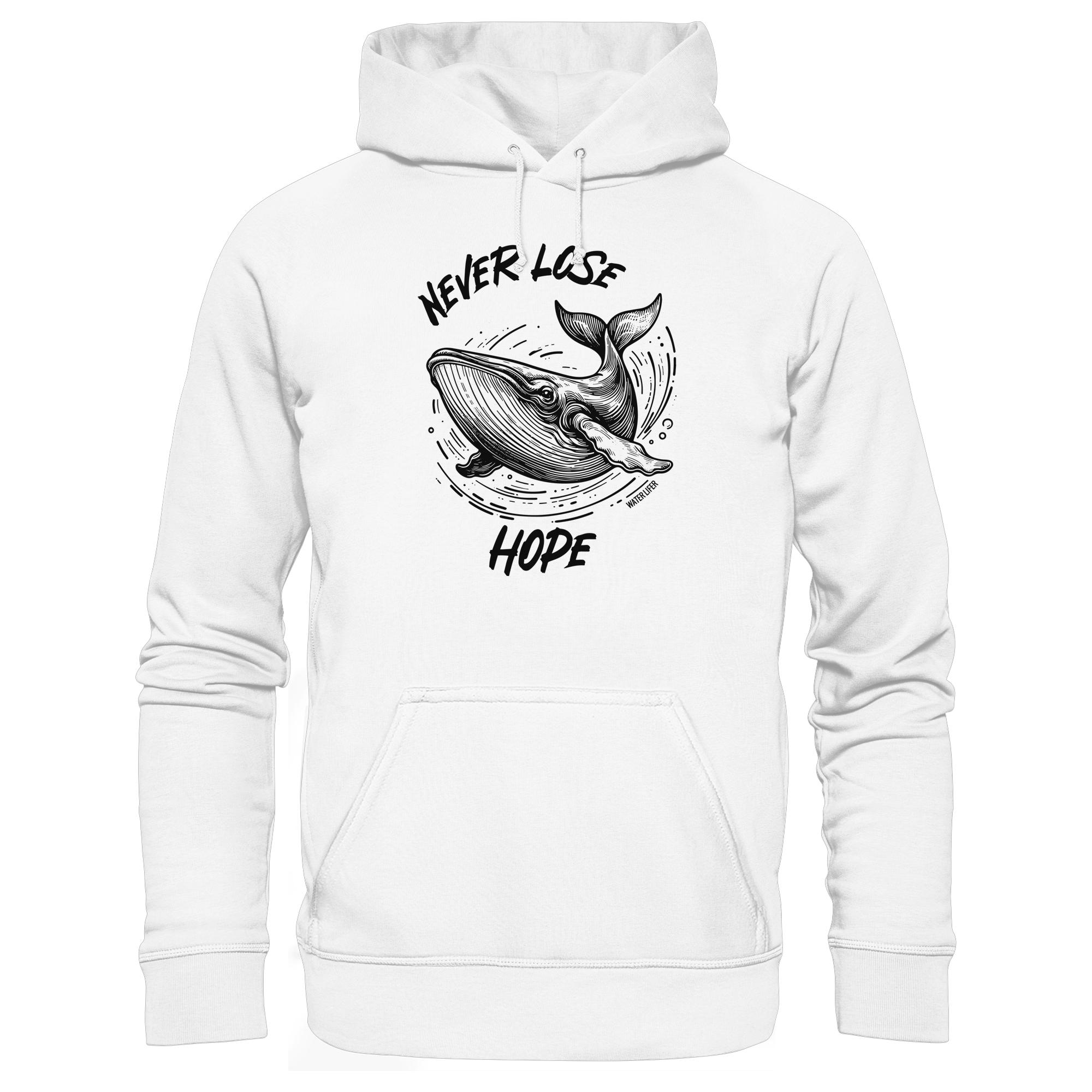 Never lose hope Wal Timmy Hoodie weiß aus bester Bio Baumwolle. Jeder verkaufte Wal Hoodie unterstützt Naturschutzprojekte. Besondere Wal Hoodies für Walfreunde und für Walschützer.