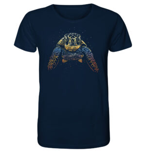 Ein tolles Geschenk für alle die das Meer und die Natur lieben: sea turtle coloured Meeresschildkröte T-Shirt für Meeresfreunde aus Bio-Baumwolle in navy blau. Ein Meeresschutz T-Shirt für Meeresschildkröten Freunde.