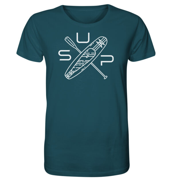 Dunkelblaues Stand-Up-Paddling T-Shirt für alle Fans des SUP Paddelns. Tolles Geschenk fürs Stand-Up-Paddling hier kaufen.