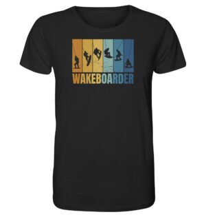 Wakeboarding oder Wakeboardsurfen - das passende Bio T-Shirt mit dem Wakeboarder Motiv in der Farbe schwarz.