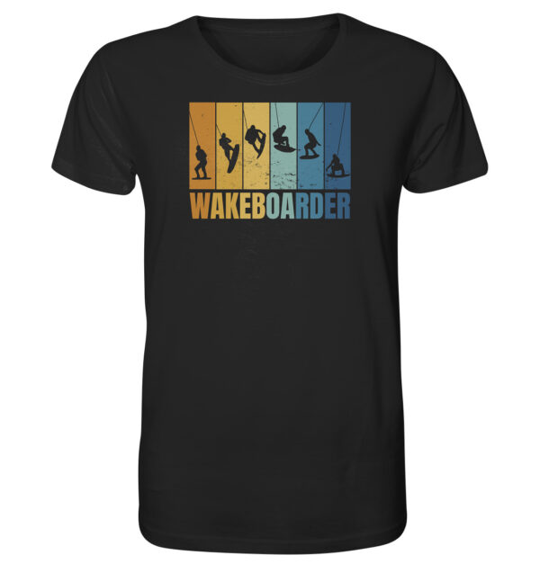 Wakeboarding oder Wakeboardsurfen - das passende Bio T-Shirt mit dem Wakeboarder Motiv in der Farbe schwarz.