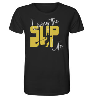 Stand-Up-Paddling T-Shirt für SUP Fans. Das bedruckte Stand-Up-Paddling T-Shirt in schwarz als Geschenk für alle SUP Freunde.