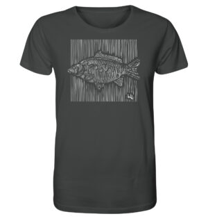 Anthrazitfarbenes Carp Dimension Karpfen T-Shirt aus bester Bio-Baumwolle nachhaltig bedruckt. Tolles Geschenk für Angler hier bestellen.
