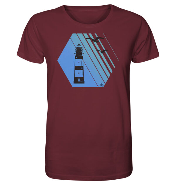 Leuchtturm T-Shirt für Herren mit tollem Leuchtturm Motiv. Das Bio T-Shirt in burgundy ist ein nachhaltiges Geschenk für Naturliebhaber und Freunde des Meeres und der Küste.